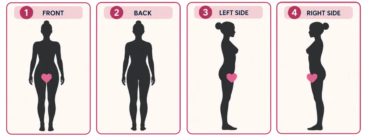 Four required photo positions for plastic surgery evaluation: front, back, left side and right side